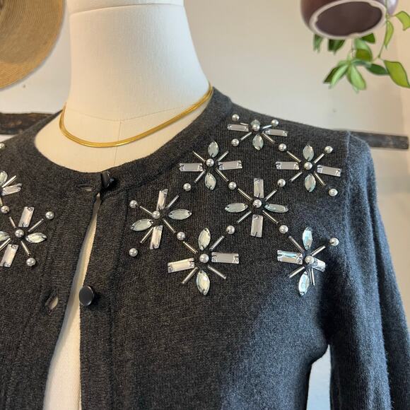 Gray Button Front Crystal Embroidered Holiday Winter Cardigan Sweater Size XS - Picture 7 of 11